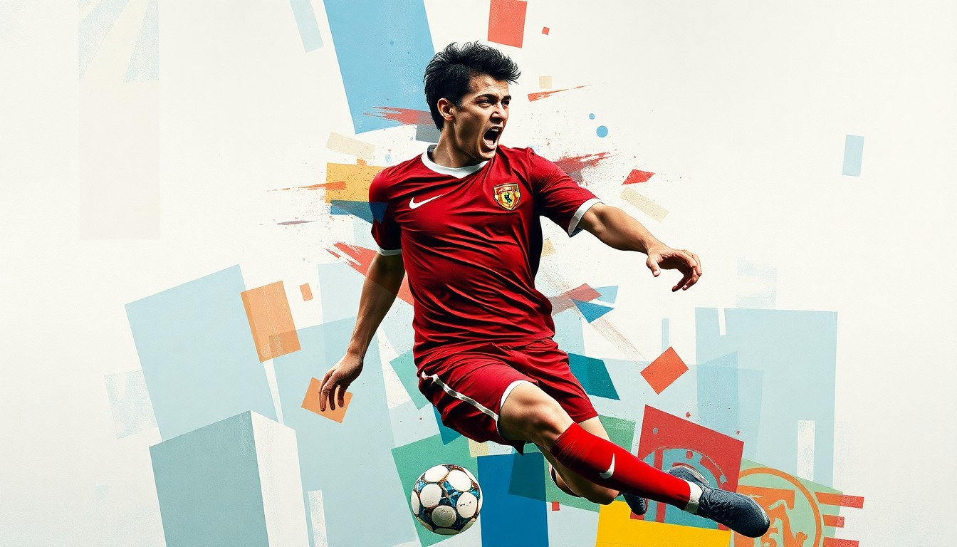 A fragmented, geometric painting depicting a soccer player's movements and emotions, with sharp planes of muted red, blue, green, and yellow hues.