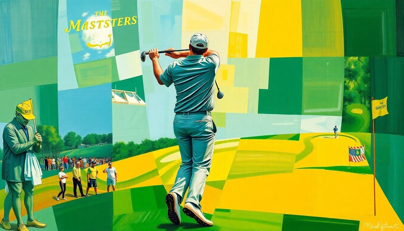 A cubist, geometric painting depicting a golfer's swing and the Masters tournament in fragmented, overlapping planes of emerald green, sky blue, and golden yellow.