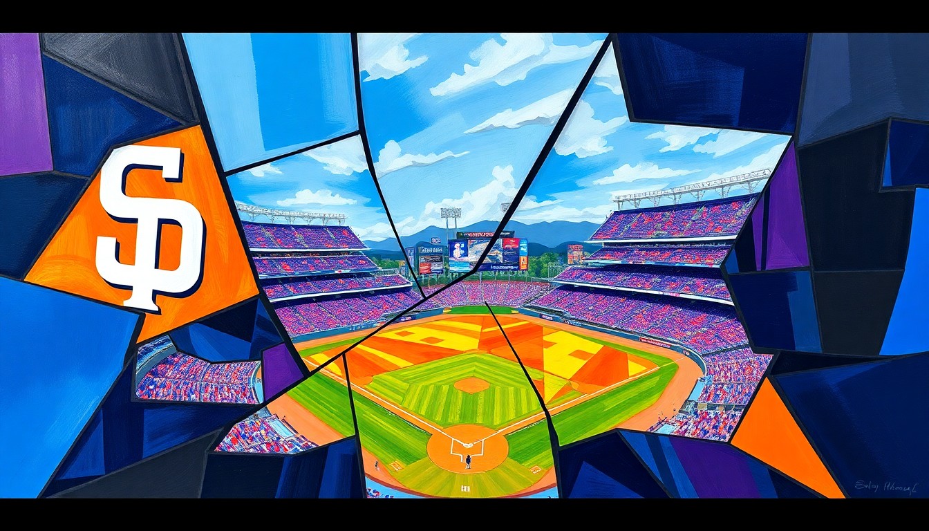 A fractured, cubist-style painting depicting a baseball game between the San Diego Padres and Colorado Rockies, with sharp geometric planes in the teams' colors capturing the competitive energy of the matchup.