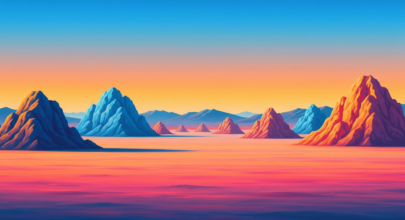 A highly stylized, geometric landscape illustration featuring sweeping brushstrokes of vibrant blues, oranges, and pinks, conceptually representing the grand scale and whimsical nature of the Seven Magic Mountains art installation in the Nevada desert.