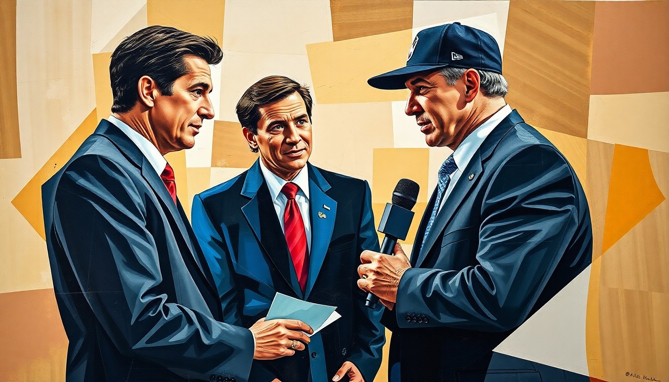 A cubist, geometric painting depicting fragmented, overlapping shapes and planes in muted tones, conceptually representing the complex dynamics between a sports reporter and a coach.