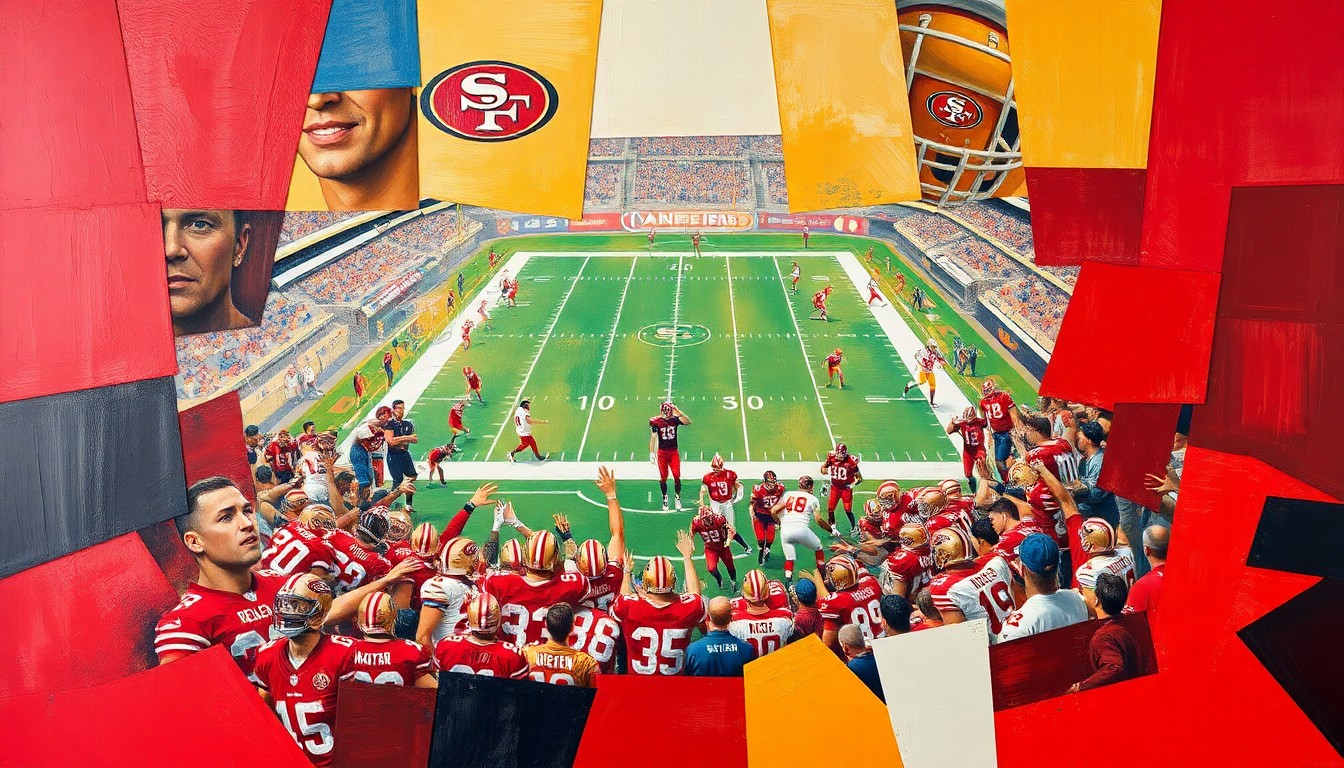 A fractured, cubist-style painting depicting a football game or match, with sharp geometric planes in 49ers red and gold representing the intense action and competition on the field.