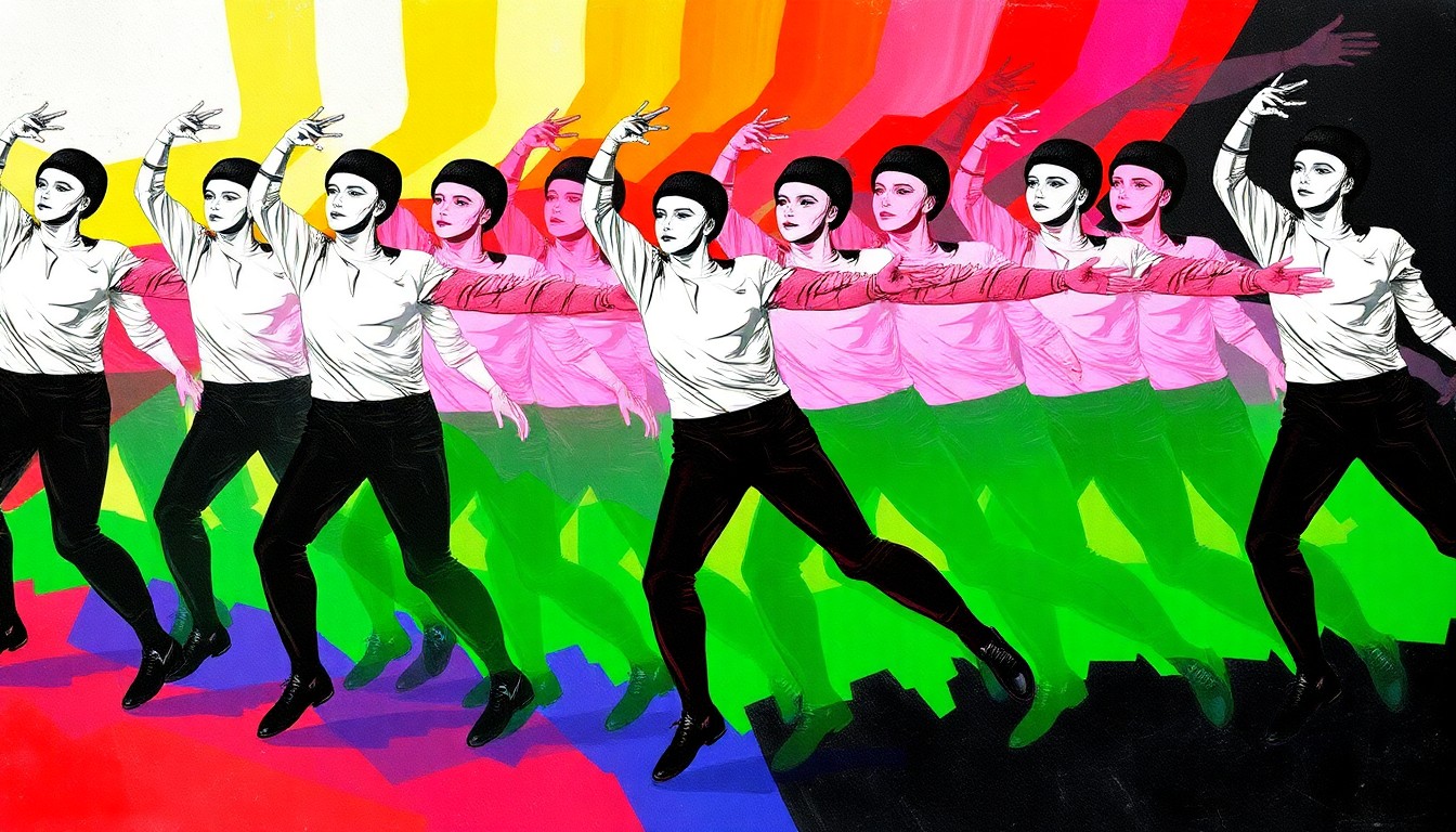 A fractured, abstract painting of a mime performer in black and white, their movements repeated and overlapping in waves of bright, vibrant colors, conveying the frenetic energy and radical politics of the Democratic Socialists of America.