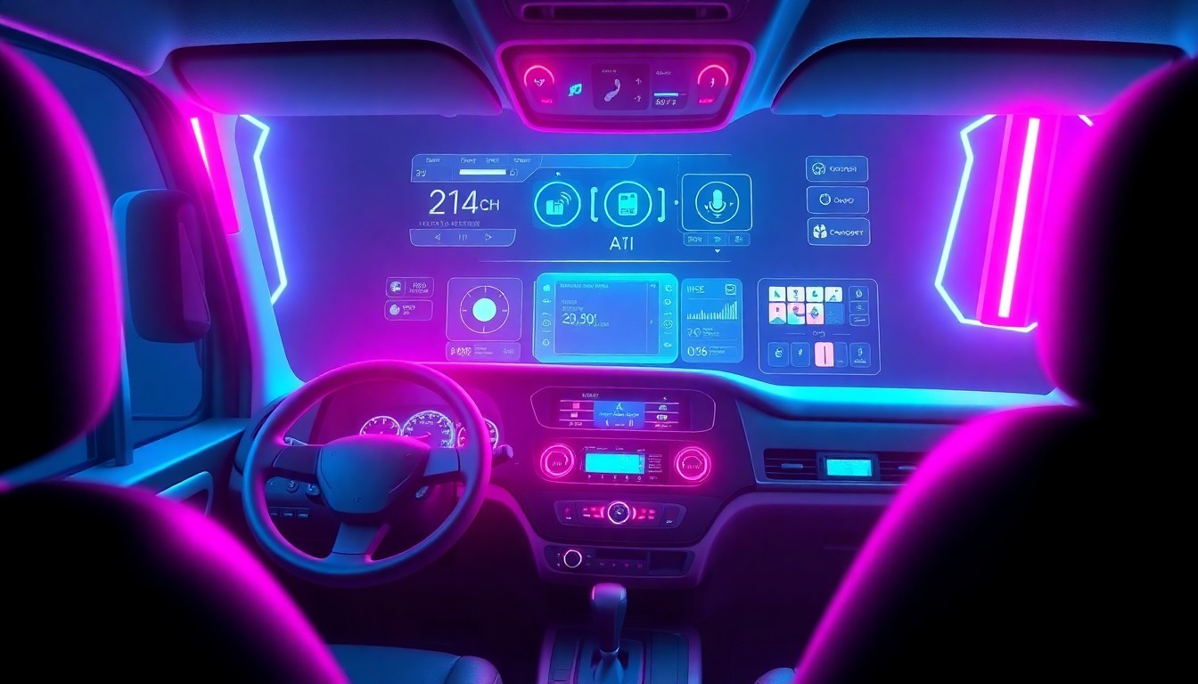 A highly detailed, glowing 3D illustration of a truck dashboard with a voice-activated AI interface, surrounded by neon cyan and magenta lights, representing the advanced technology powering the new hands-free dispatch app.