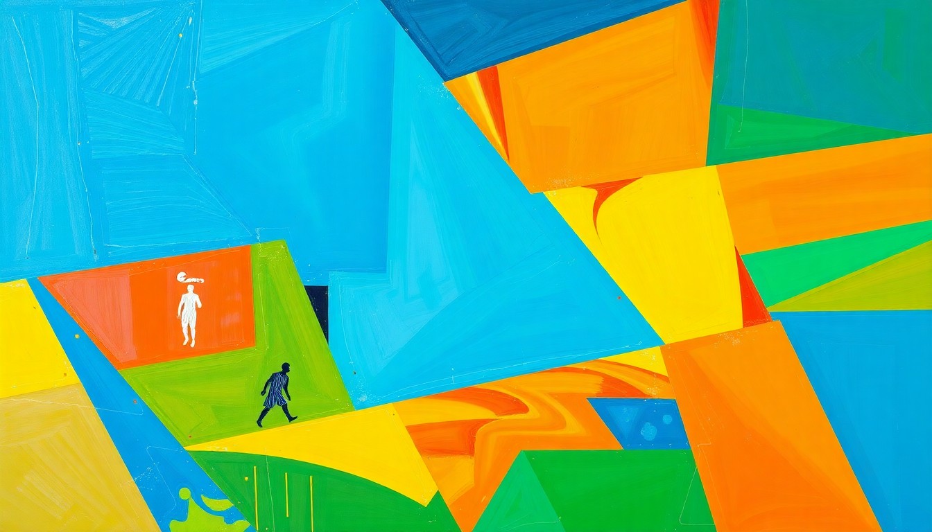 A cubist, geometric painting depicting fragmented, overlapping shapes and planes in bright colors representing the dynamic action and energy of a WNBA basketball game or match.
