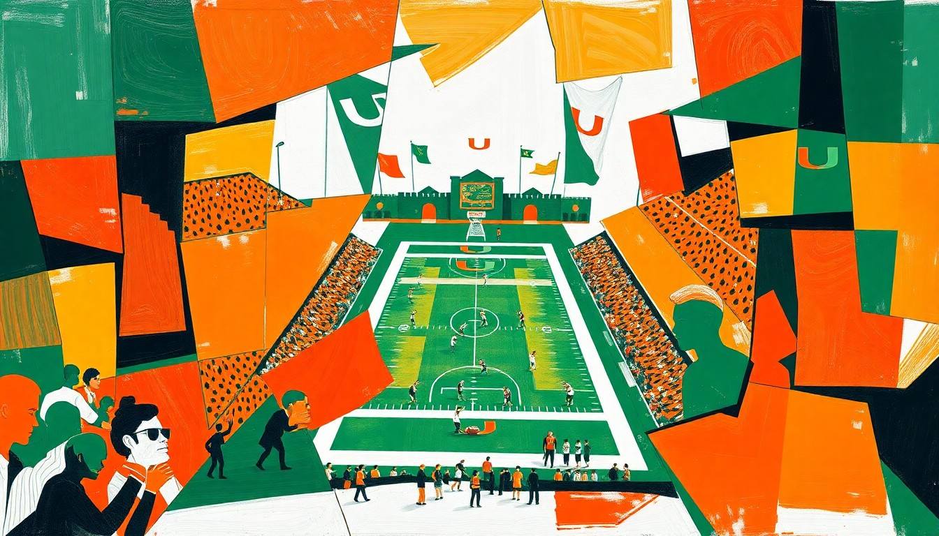 A fractured, cubist-style painting depicting a college football game, with sharp geometric planes in Miami's team colors of orange, green, and white, capturing the energy and intensity of the sport.