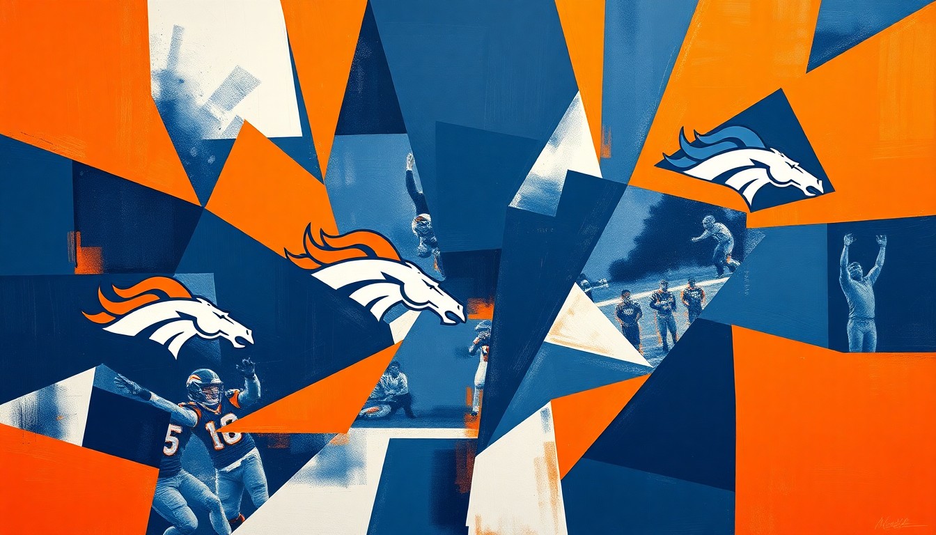 A fragmented, cubist-style painting depicting a Denver Broncos football game, with the players and field broken down into sharp, overlapping geometric shapes in navy blue, orange, and white, capturing the team's dynamic energy and status as a top contender in the conference.