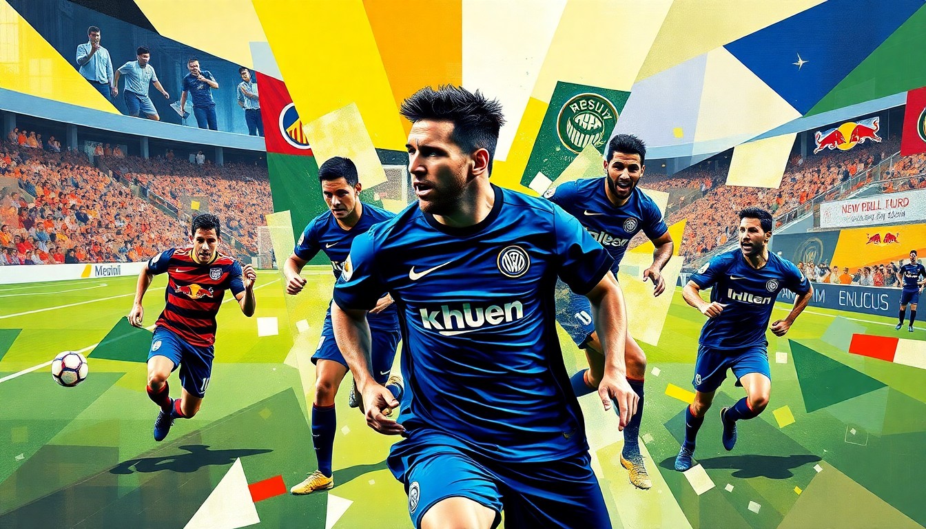 A cubist, geometric painting depicting the dynamic action of a soccer match between Inter Miami and New York Red Bulls, with Lionel Messi's iconic form emerging as the central focus.