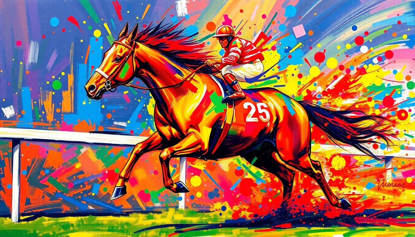 An abstract, expressionist painting in vibrant neon colors depicting the powerful, dynamic motion of a racehorse charging towards the finish line, its form dissolving into a blur of energy and movement.