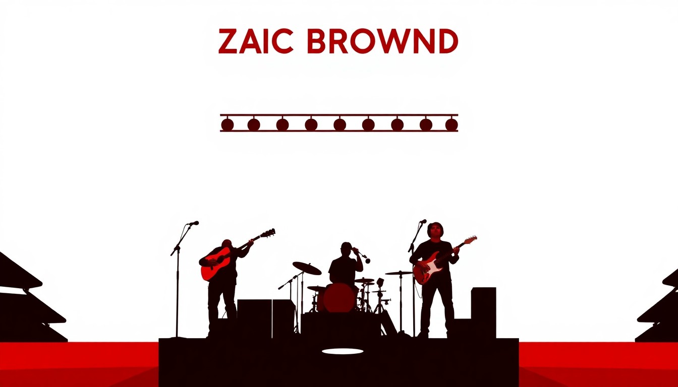 A striking black silhouette illustration of the Zac Brown Band performing on a baseball field, using bold geometric shapes and high-contrast colors to capture the energy and excitement of their new role as the face of the 'Sunday Night Baseball' opening.