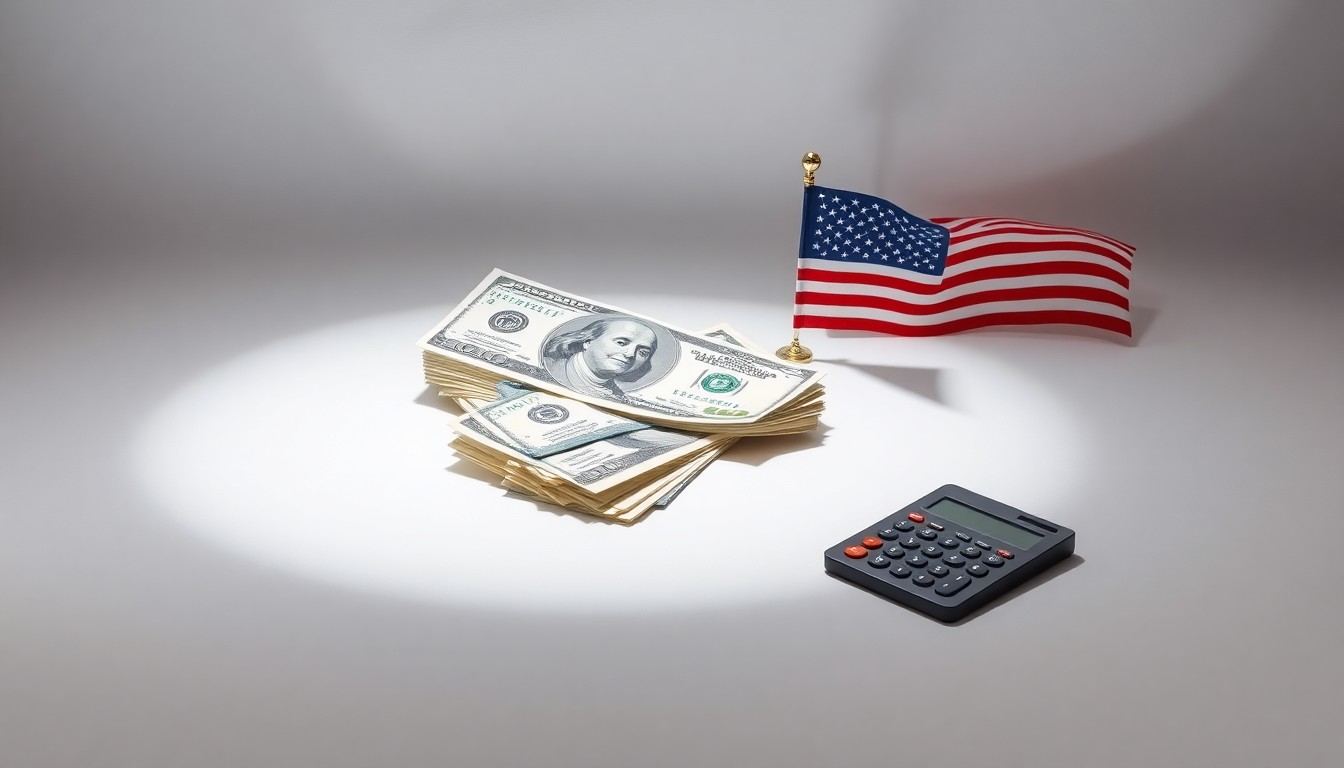 A minimalist studio photograph featuring a stack of dollar bills, a calculator, and a small American flag, arranged elegantly on a clean white background to represent the abstract concepts of government funding and small business support.