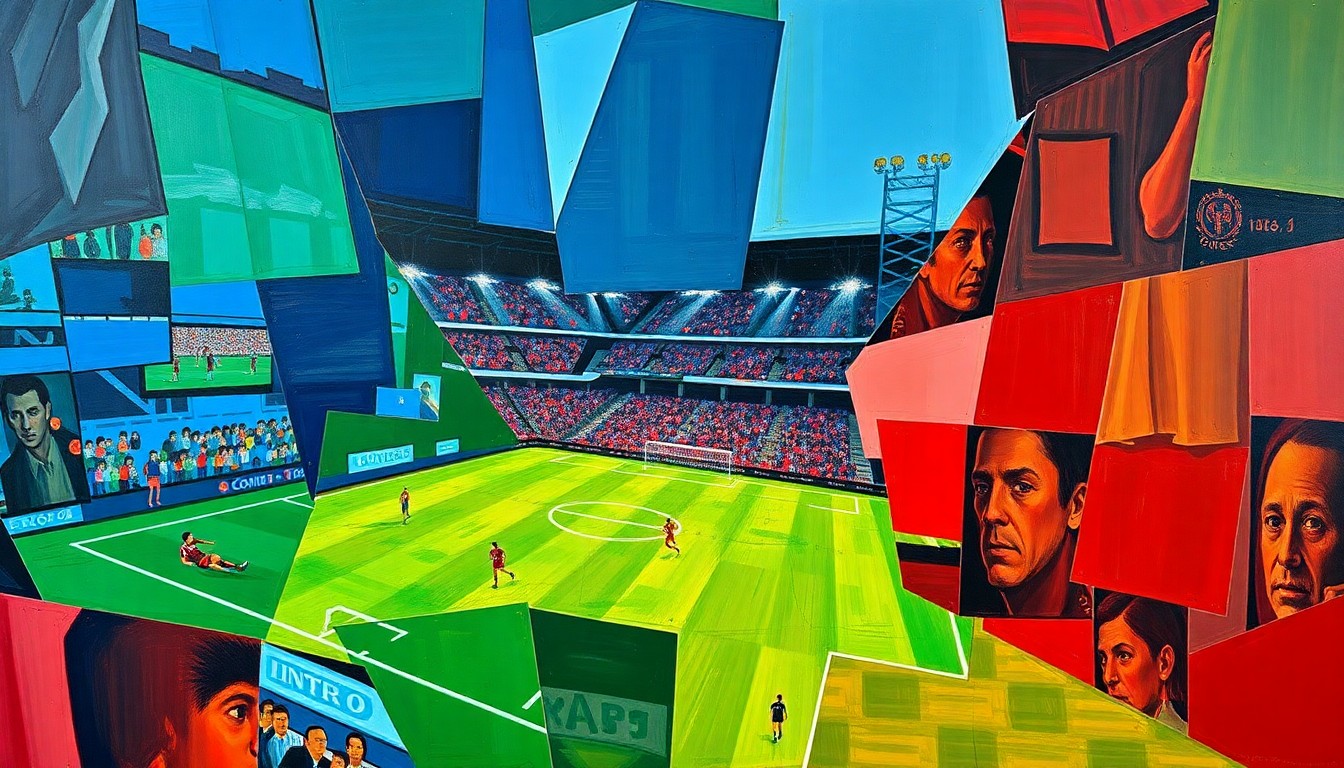 A fragmented, geometric painting depicting the dynamic action of a soccer match, with players and the field of play broken down into sharp, overlapping planes of color and shape.
