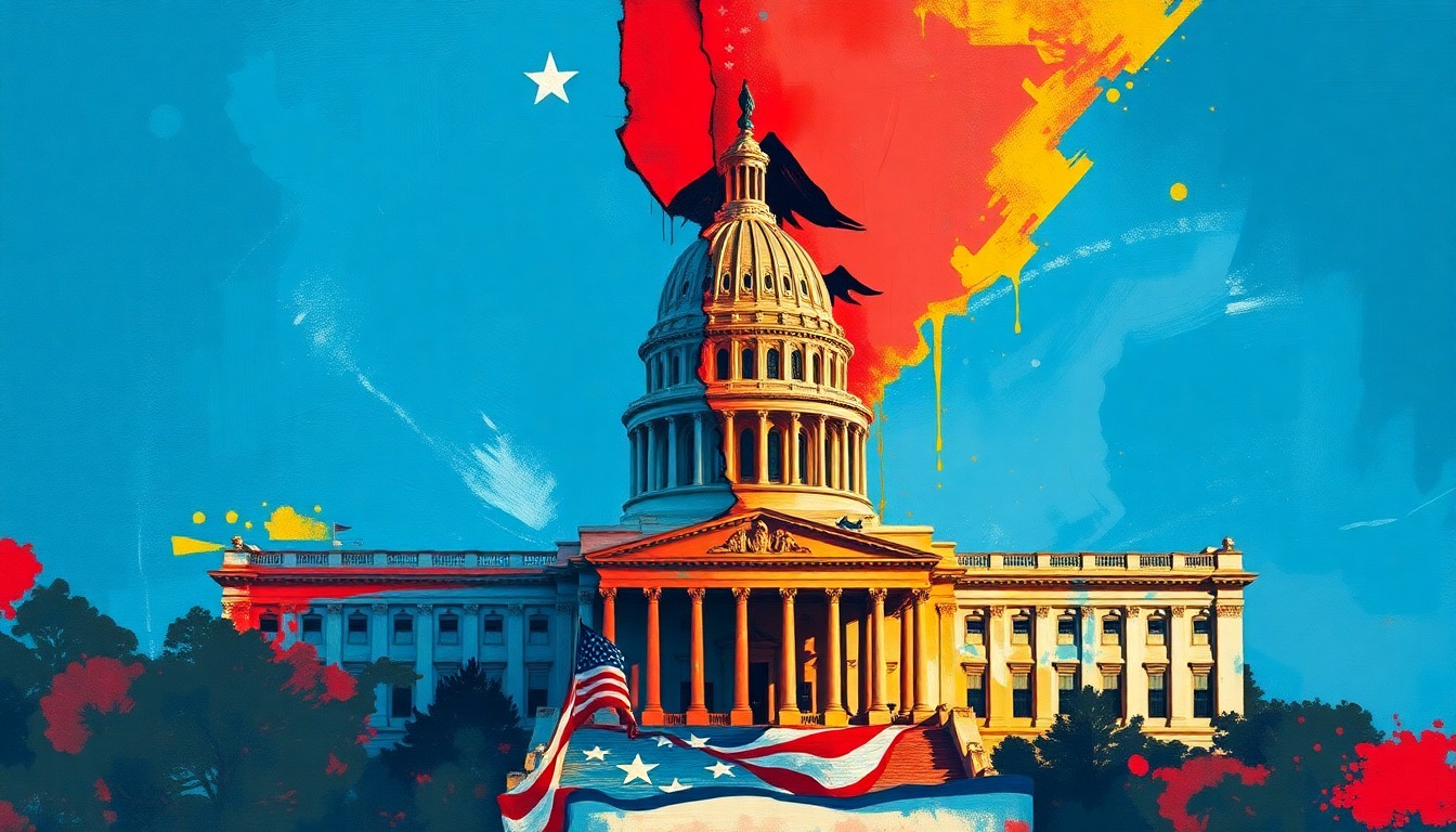 A vibrant, abstract painting featuring overlapping, geometric shapes and waves of blue, red, and gold, conceptually representing the turbulent political landscape of the California gubernatorial race.