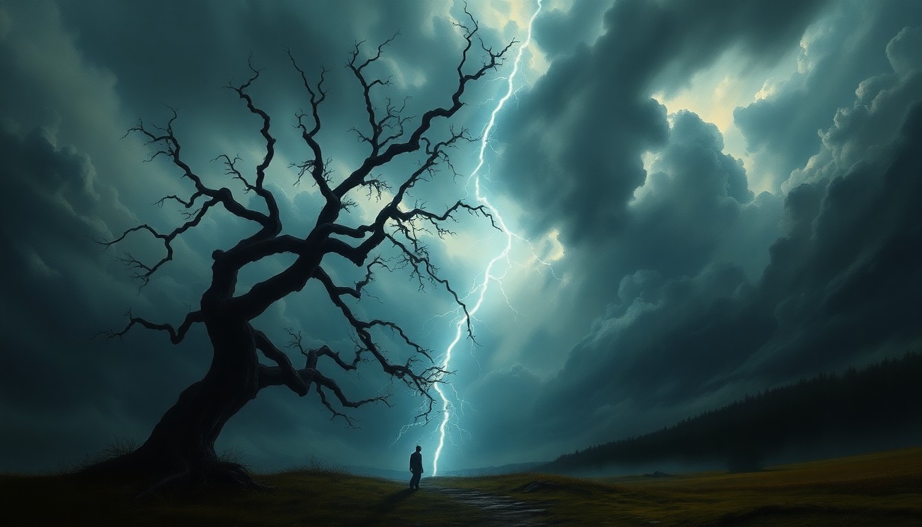A dramatic landscape painting depicting a lone, twisted tree silhouetted against a stormy, brooding sky, with a powerful lightning bolt striking the ground nearby, conveying the overwhelming force of nature.