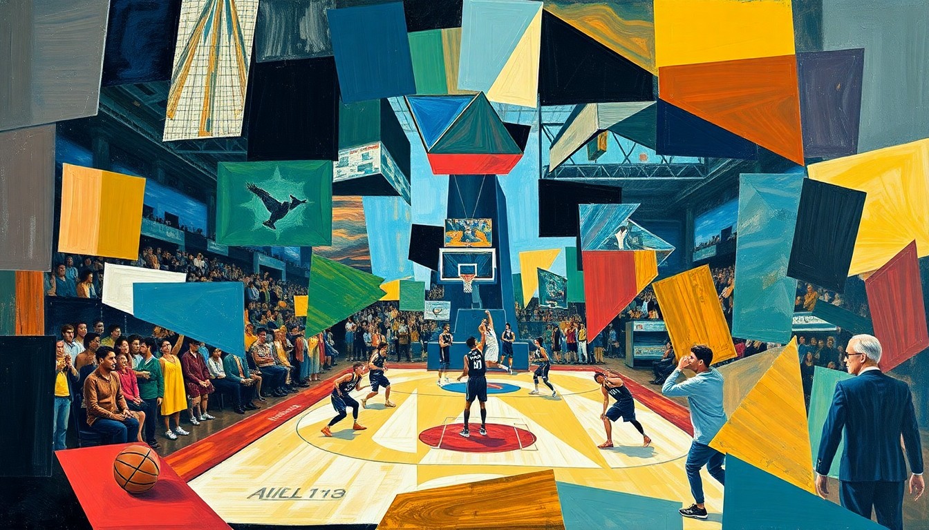 A cubist-style painting featuring sharp, overlapping shapes and planes in vibrant colors, representing the dynamic action and emotion of a basketball game.