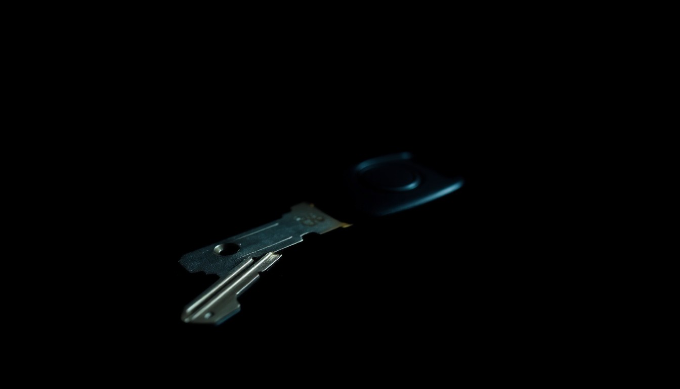 An extreme close-up photograph of a car key or other small piece of physical evidence from the submerged vehicle, lit by a harsh, direct camera flash against a pitch-black background, creating a stark, gritty, investigative aesthetic.