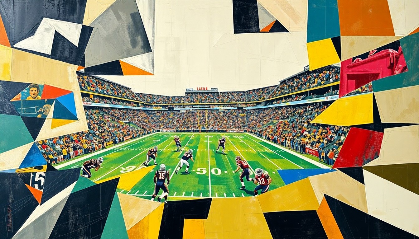 A fragmented, geometric painting depicting a football game, with sharp, overlapping planes of color and shape representing the strategic complexity of the NFL draft process.