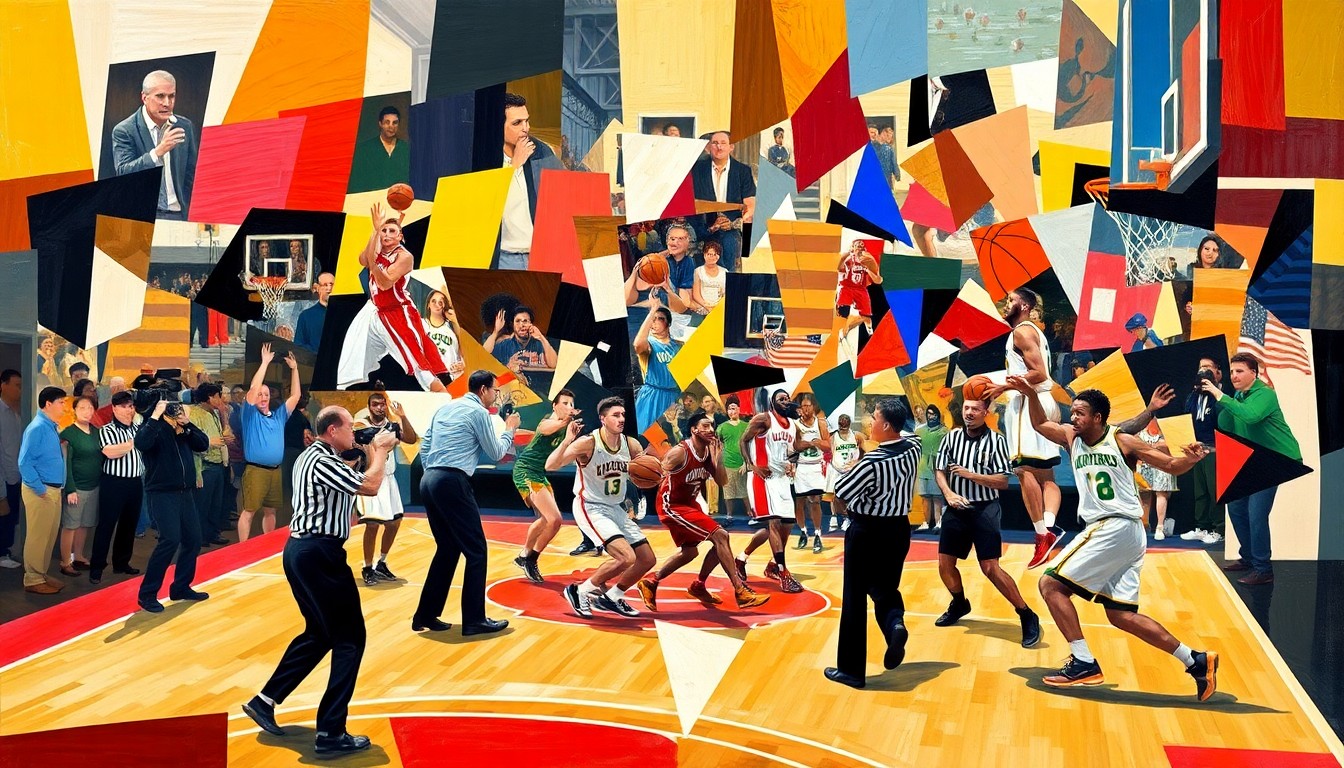 A fractured, multi-perspective painting in vibrant colors depicting the chaotic energy and collision of bodies, cameras, and officials on a basketball court.