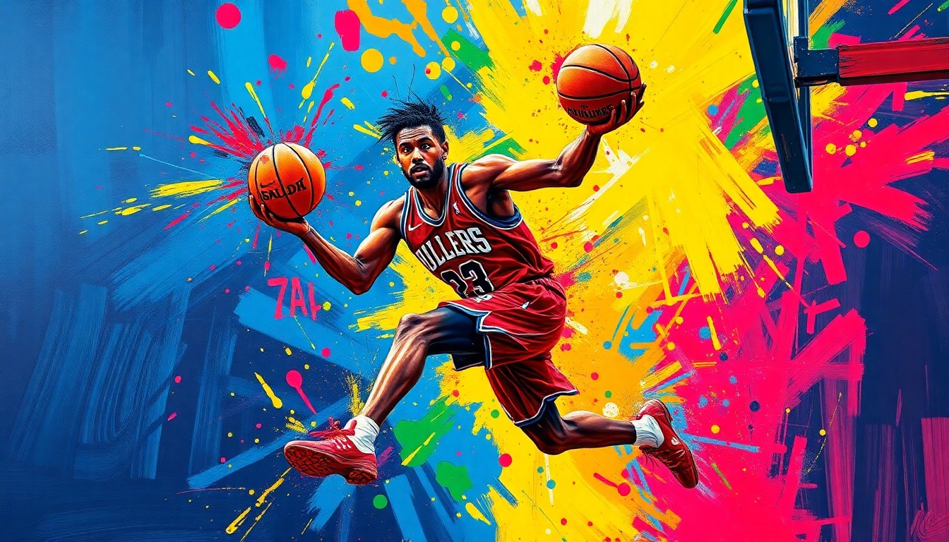 A dynamic, abstract painting in neon colors depicting the powerful, kinetic motion of a basketball player driving to the hoop, with the player's face and jersey dissolved into unrecognizable brushstrokes.