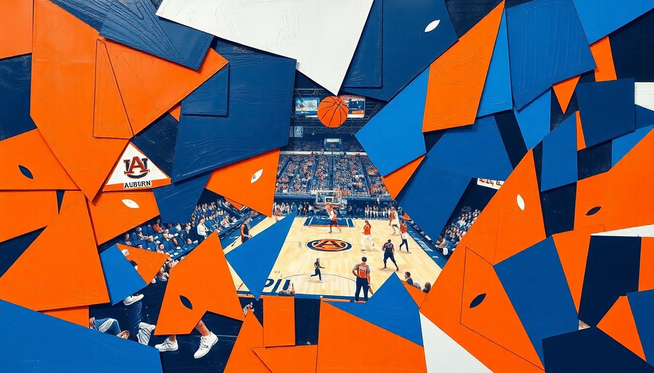 A fractured, cubist-style painting depicting the dynamic movements and energy of a college basketball game, with sharp geometric shapes in the team's colors of orange, blue, and white.