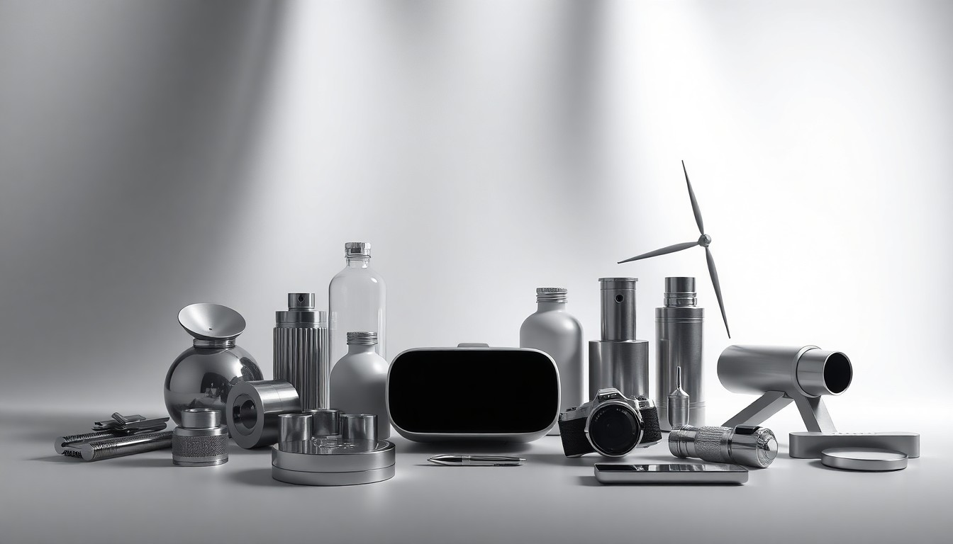 A minimalist studio still life featuring a collection of polished, geometric objects in muted tones, conceptually representing the diverse industries and technologies showcased on the New to The Street program.