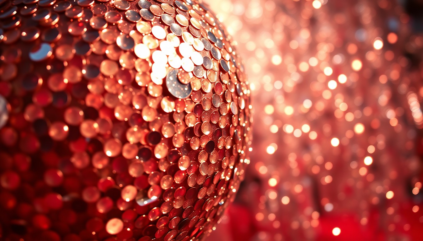 An extreme close-up photograph of shimmering sequins and glittering disco ball fragments, capturing the high-fashion glamour and celebratory energy of an awards show red carpet.