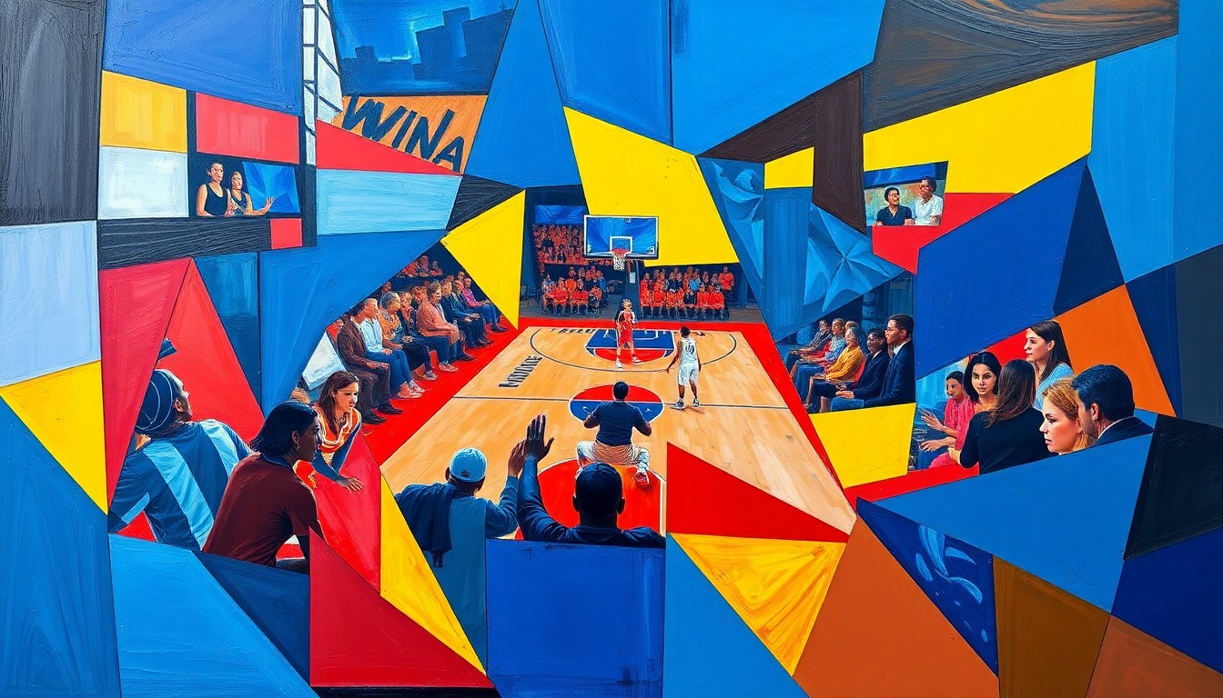 A cubist-style painting featuring overlapping geometric shapes and planes in a vibrant color palette, conceptually representing the diverse and dynamic talent of the upcoming WNBA draft class.