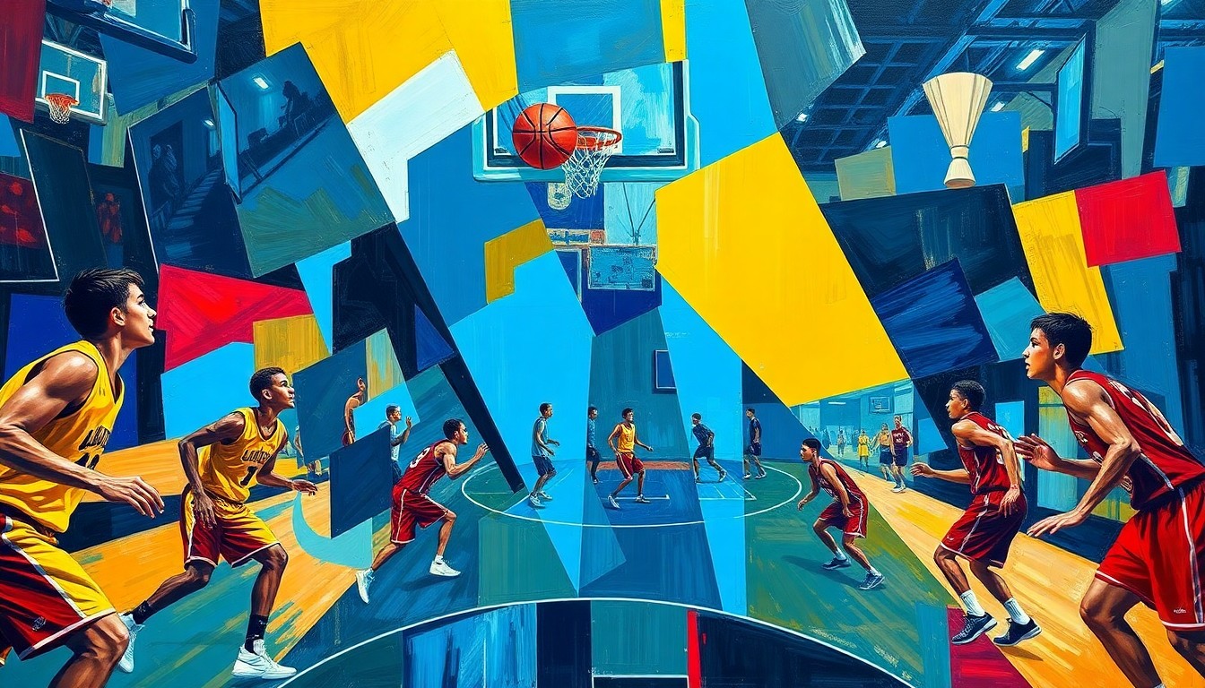 A cubist, geometric painting depicting the dynamic action of a high school basketball game, with sharp, overlapping planes of color representing the players and the court.