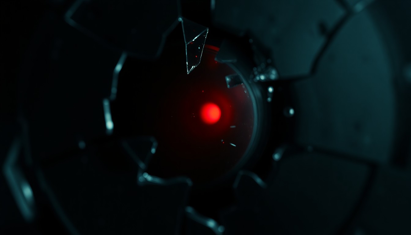 An extreme close-up of a shattered glass lens reflecting a faint red light, conceptually representing the dark, unsettling tone of a new horror film adaptation.