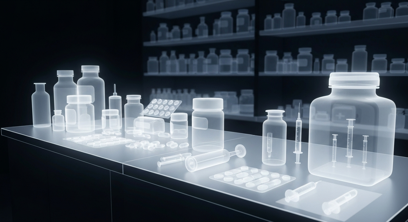 A translucent, X-ray-style photograph showing the skeletal outlines of pharmacy equipment, conveying the vulnerability of digital healthcare systems and the need for robust physical backup processes.