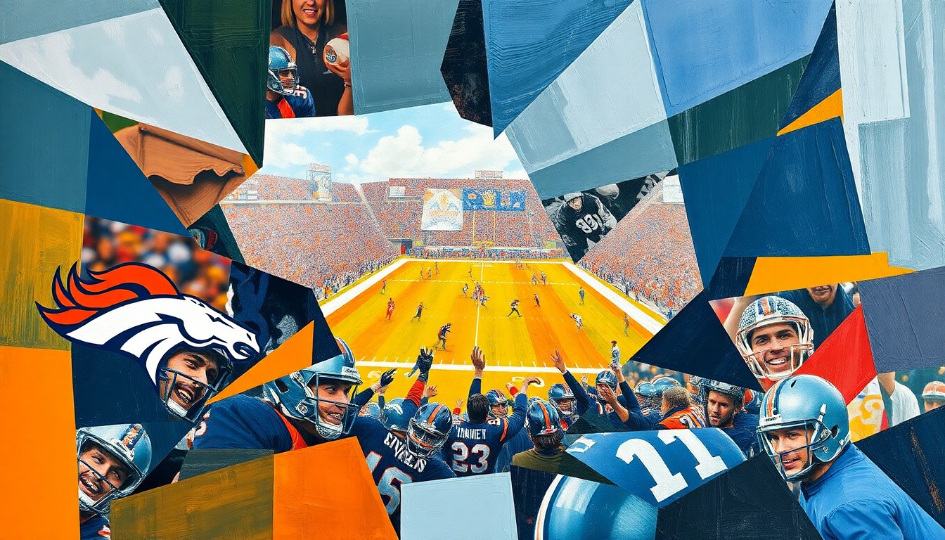 A cubist-style painting depicting a Broncos football game broken down into sharp, overlapping geometric shapes and planes, conveying the complexity and multifaceted nature of the team's path forward.