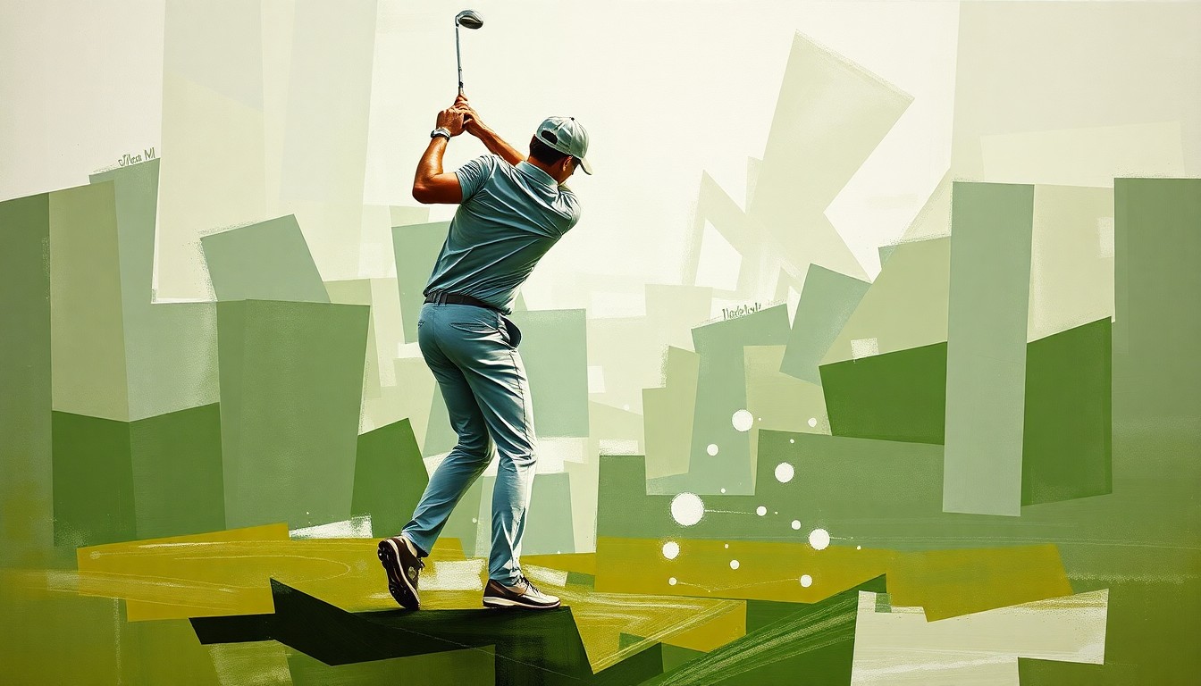 A fractured, cubist-style painting depicting the geometric movements and planes of a golfer's swing, rendered in muted earth tones with flashes of bright white, capturing the mental fortitude and precision required to excel on the LPGA Tour.
