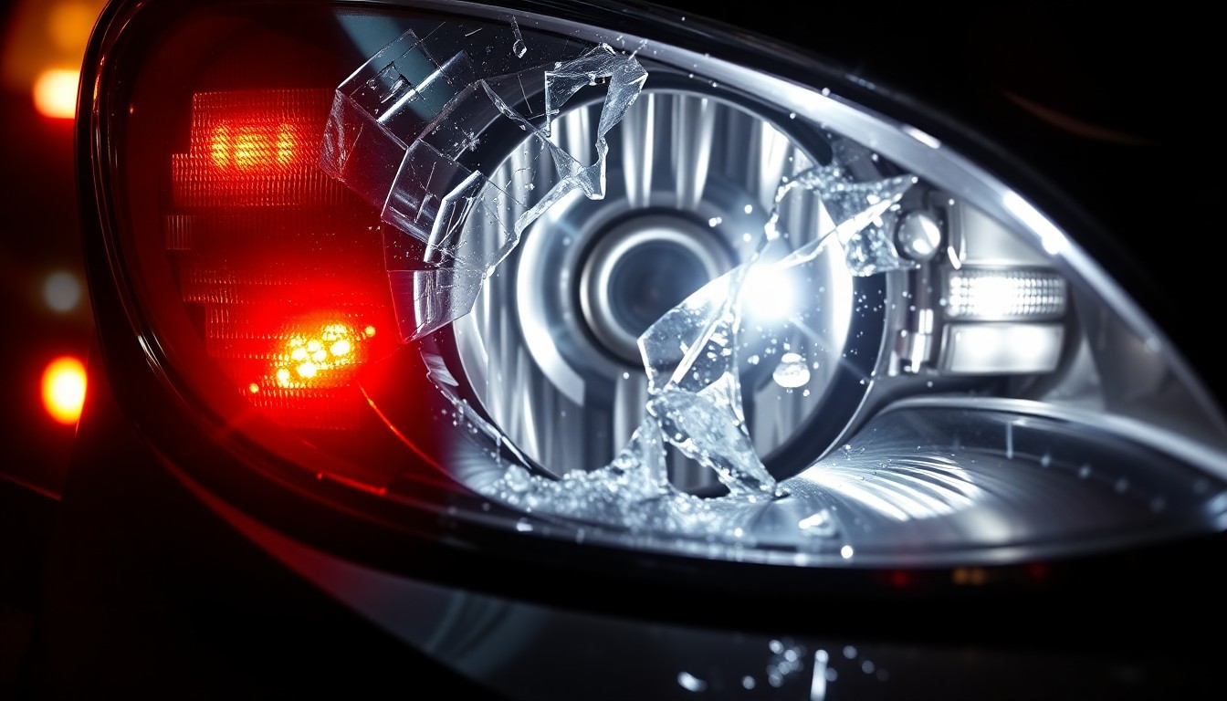 An extreme close-up photograph of a shattered car headlight lens reflecting the flashing lights of an emergency vehicle, conceptually illustrating the sudden and severe impact of a collision between a pedestrian and a police patrol car.