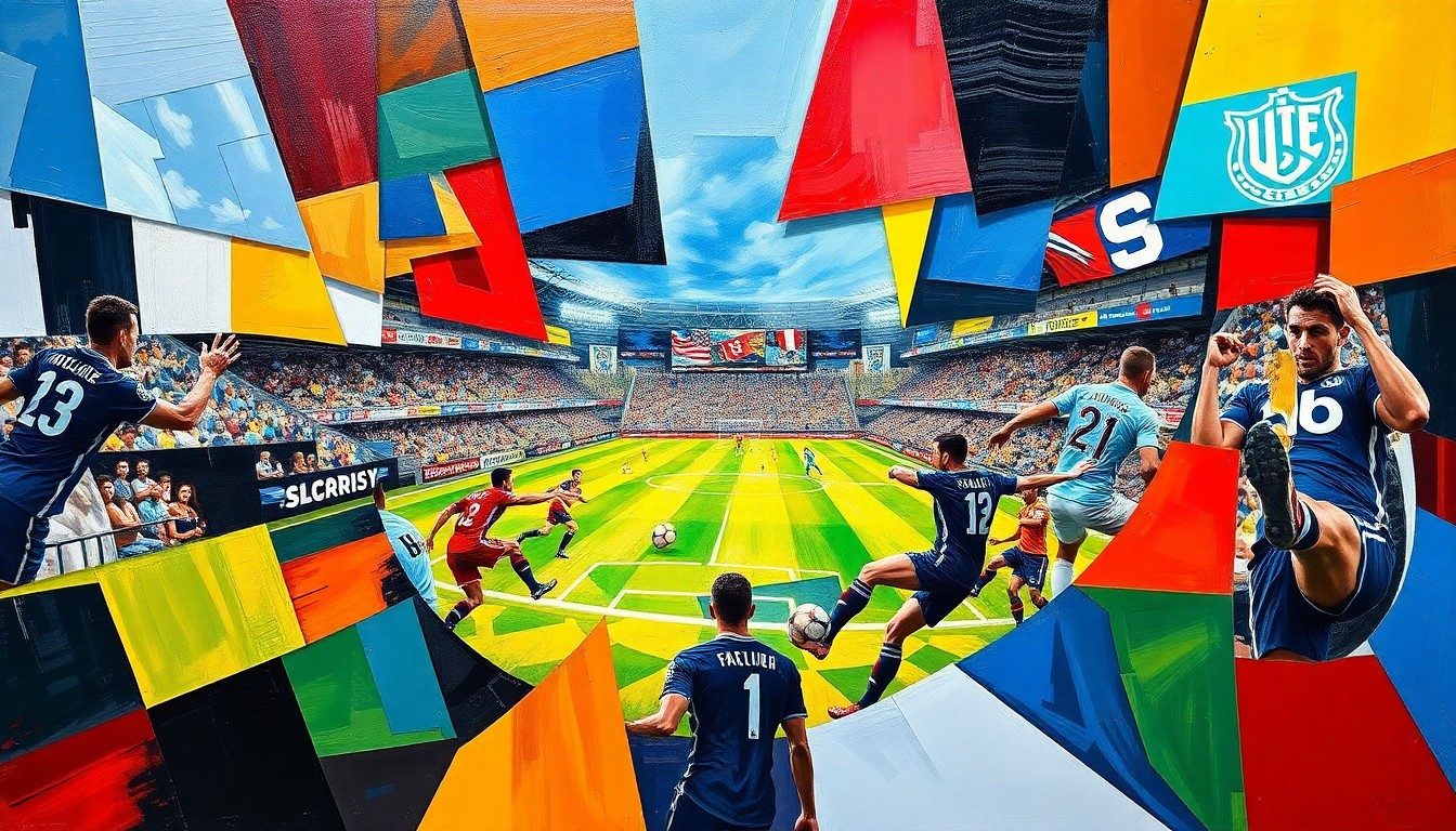 A fragmented, geometric painting depicting a soccer match between FC Dallas and St. Louis City SC, with the players and the field broken down into sharp, overlapping planes of color and form.