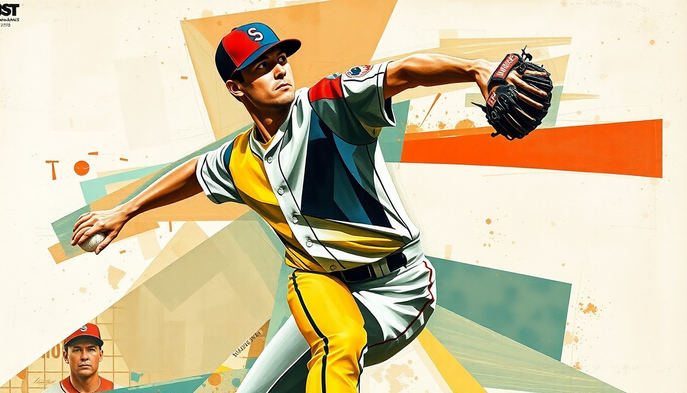 A fragmented, geometric painting depicting a baseball pitcher's motion broken down into sharp, overlapping shapes and planes, conceptually representing the complicated contract negotiations surrounding the player's future.