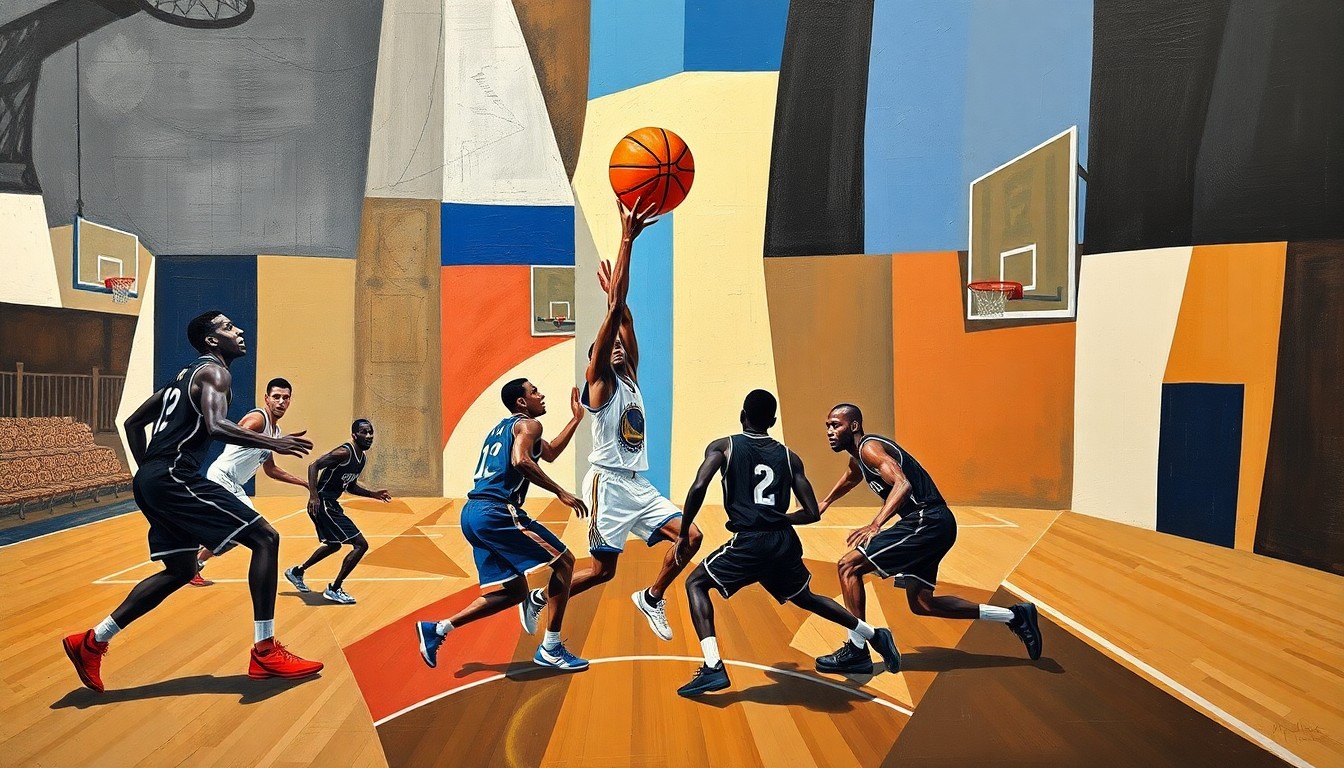 A cubist, geometric painting depicting a basketball game, with the players and ball represented through sharp, overlapping planes of color and shape, capturing the dynamic energy and movement of the sport.