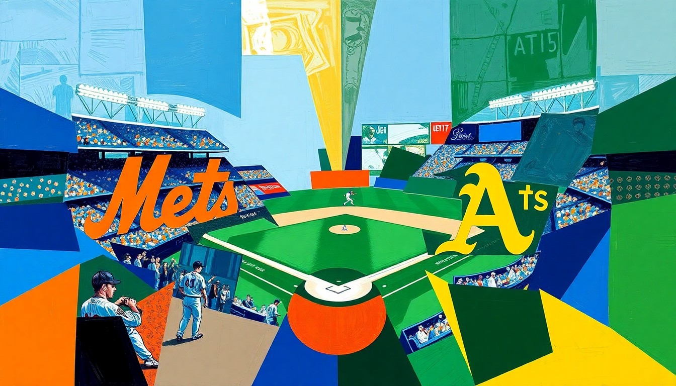A fragmented, geometric painting depicting a baseball game or match between the Mets and Athletics, with the players and field broken down into sharp, overlapping shapes and planes in a cubist style.