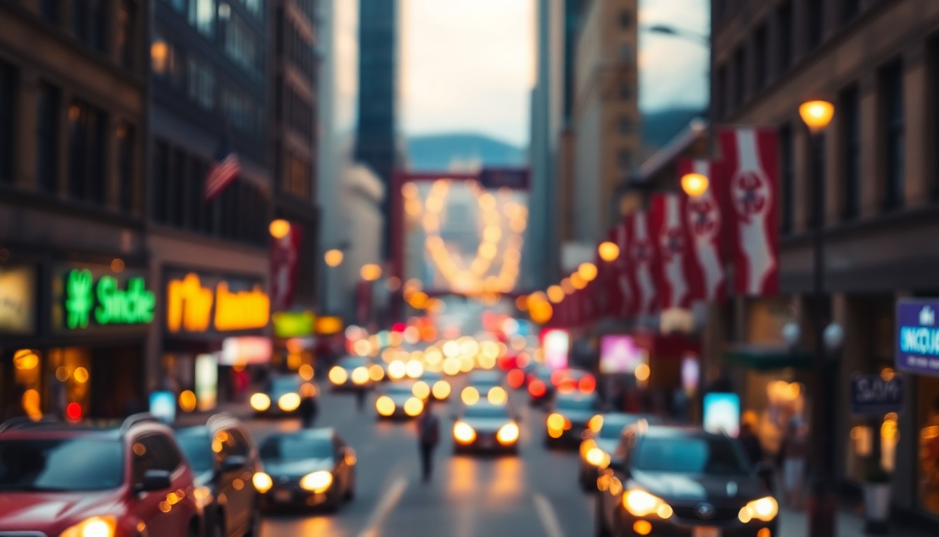 An abstract, out-of-focus photograph of a busy city street in Pittsburgh, with warm, hazy pools of light and color capturing the energy and vibrancy of the city's digital landscape.