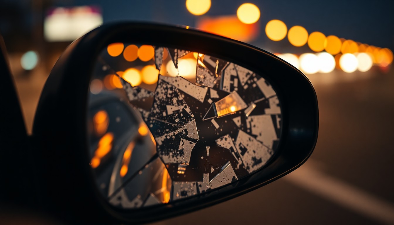 An extreme close-up of a shattered car side mirror reflecting the faint glow of streetlights, conceptually illustrating the aftermath of a hit-and-run collision.