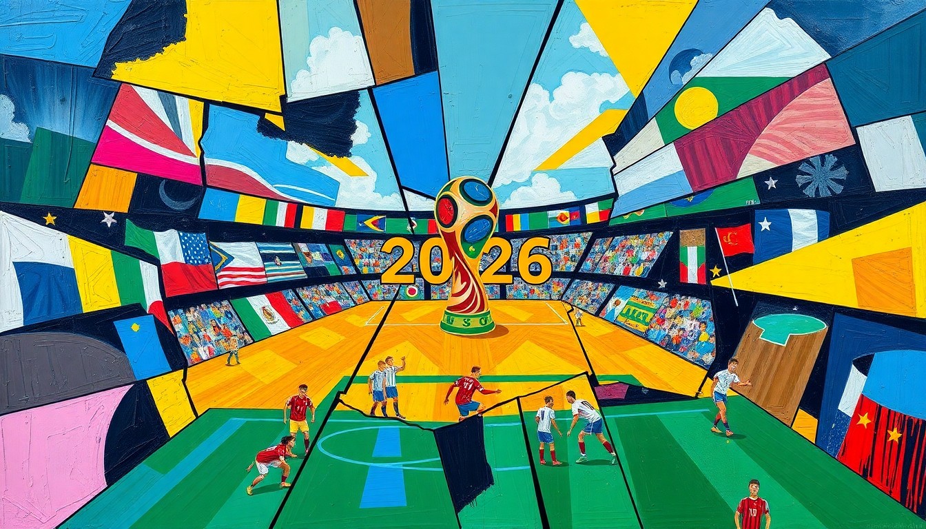 A cubist, geometric painting in vibrant colors, breaking down the action and energy of the 2026 World Cup into sharp, overlapping planes, capturing the tournament's diverse global representation.