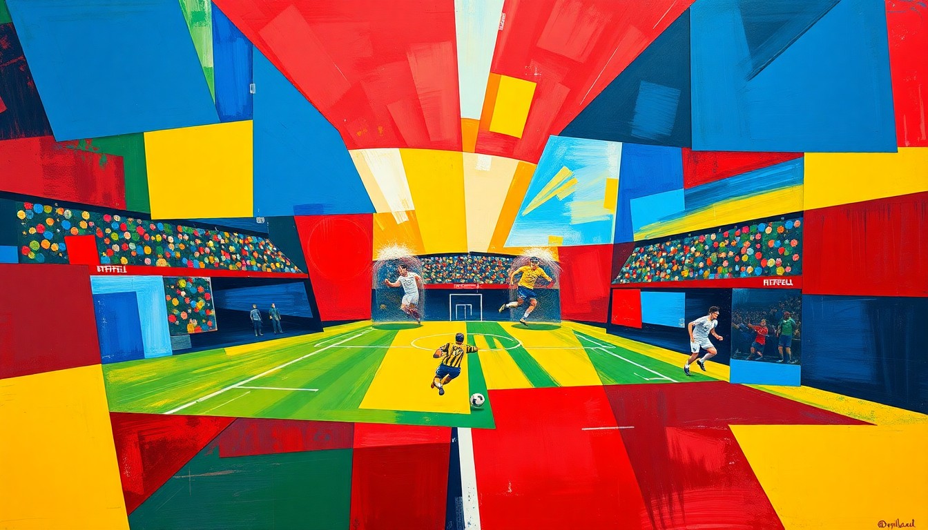 A fragmented, cubist-style painting depicting various football players and elements of a game, with sharp geometric shapes and vibrant colors representing the dynamic nature of the Falcons' offense.