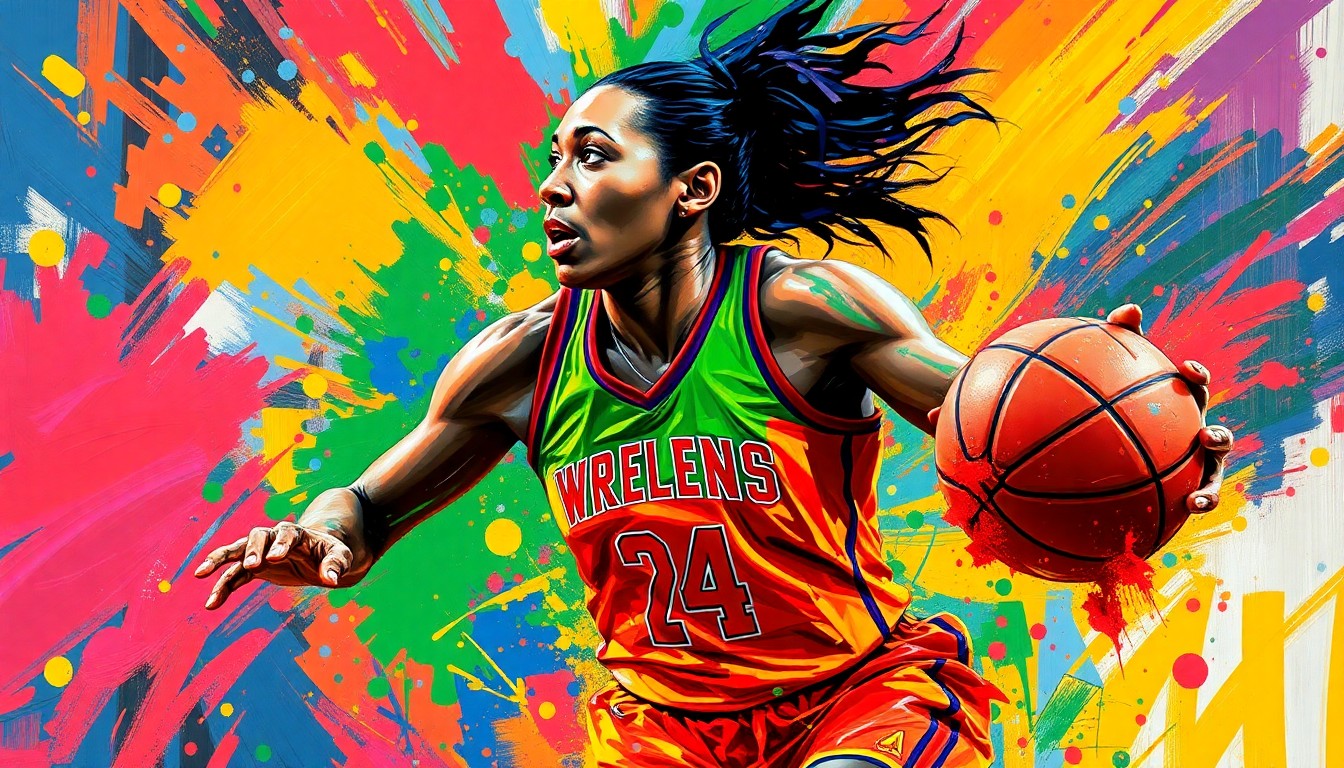 An abstract, expressionist painting in vibrant neon colors depicting the dynamic movement and energy of a WNBA player driving to the hoop, with their face and jersey details blurred into unrecognizable brushstrokes.