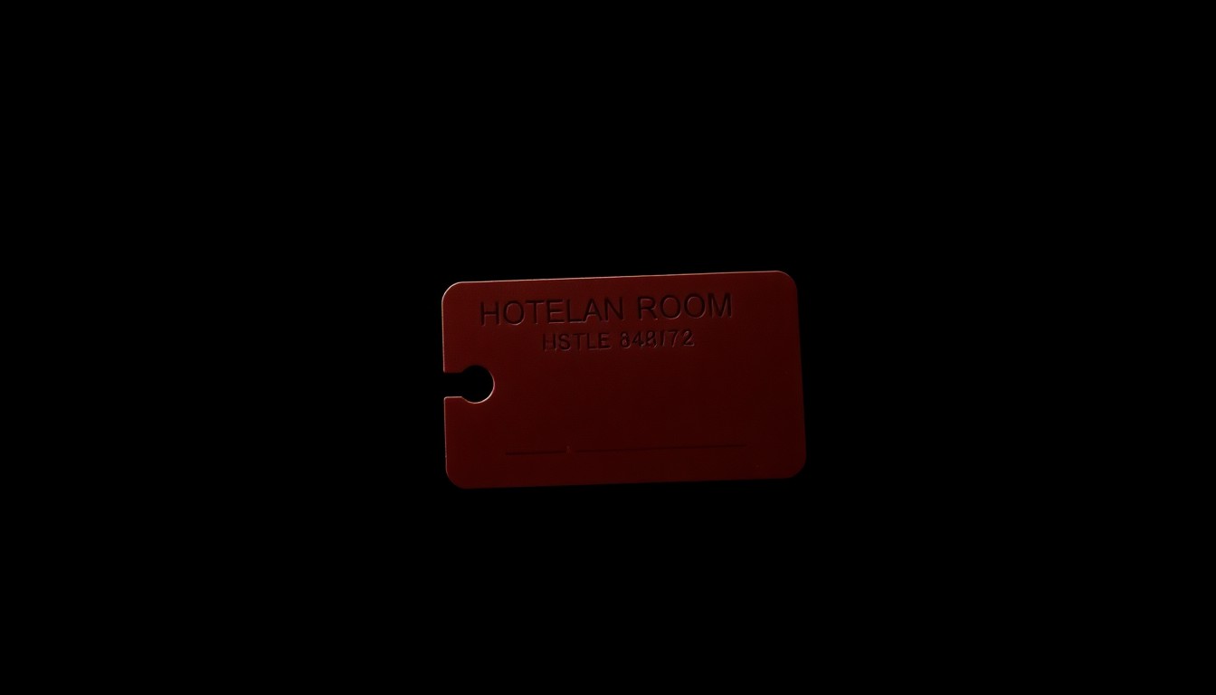 An extreme close-up photograph of a lone hotel room key card against a pitch-black background, lit by a harsh camera flash, conceptually representing the uncertainty surrounding a Michigan woman's disappearance in the Bahamas.