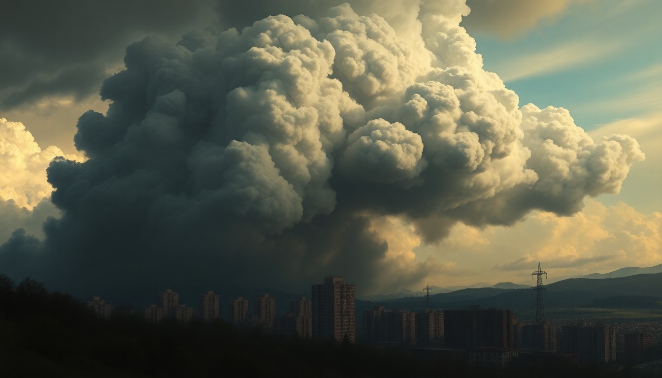 A dramatic, atmospheric landscape painting showing a massive column of dark smoke rising from a distant apartment building, obscuring the sky and dwarfing the surrounding structures in an awe-inspiring, yet melancholic scene.