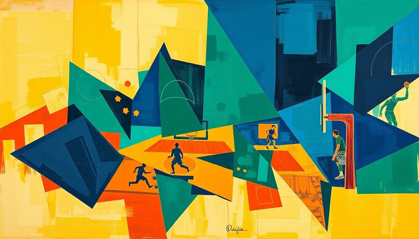 A cubist-inspired painting featuring fragmented geometric shapes in navy, green, and orange, capturing the energy and movement of a basketball game or match.
