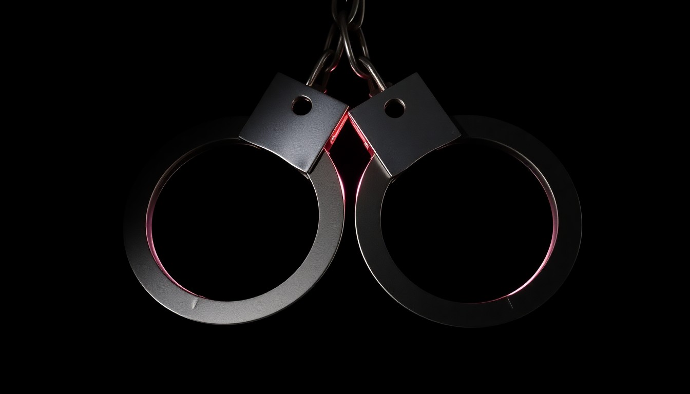 An extreme close-up of a pair of metal handcuffs against a stark black background, conveying the serious and investigative nature of a criminal case involving the sexual exploitation of minors.