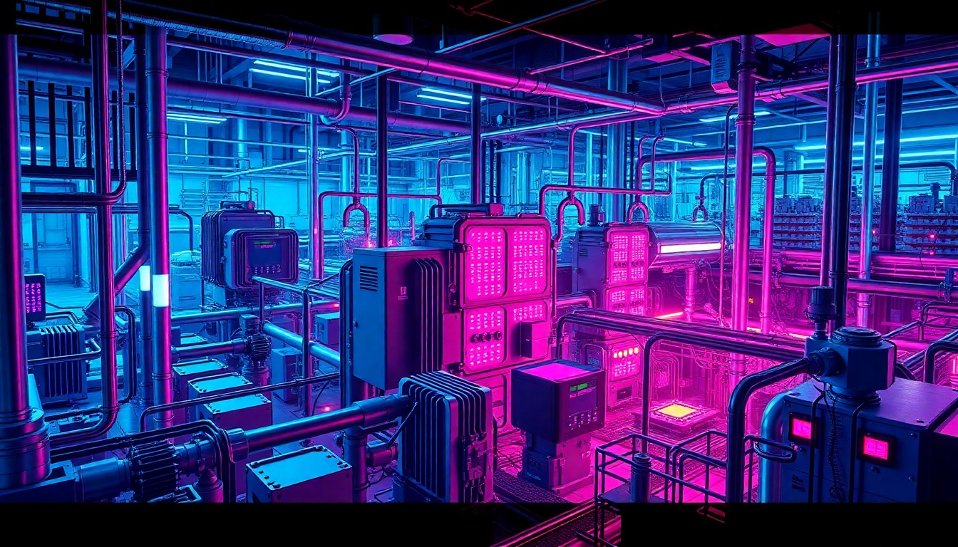 A highly detailed, glowing 3D illustration of a complex semiconductor fabrication facility, with intricate machinery, pipes, and infrastructure illuminated by neon cyan and magenta lights, conceptually representing the advanced, high-tech nature of modern semiconductor manufacturing.