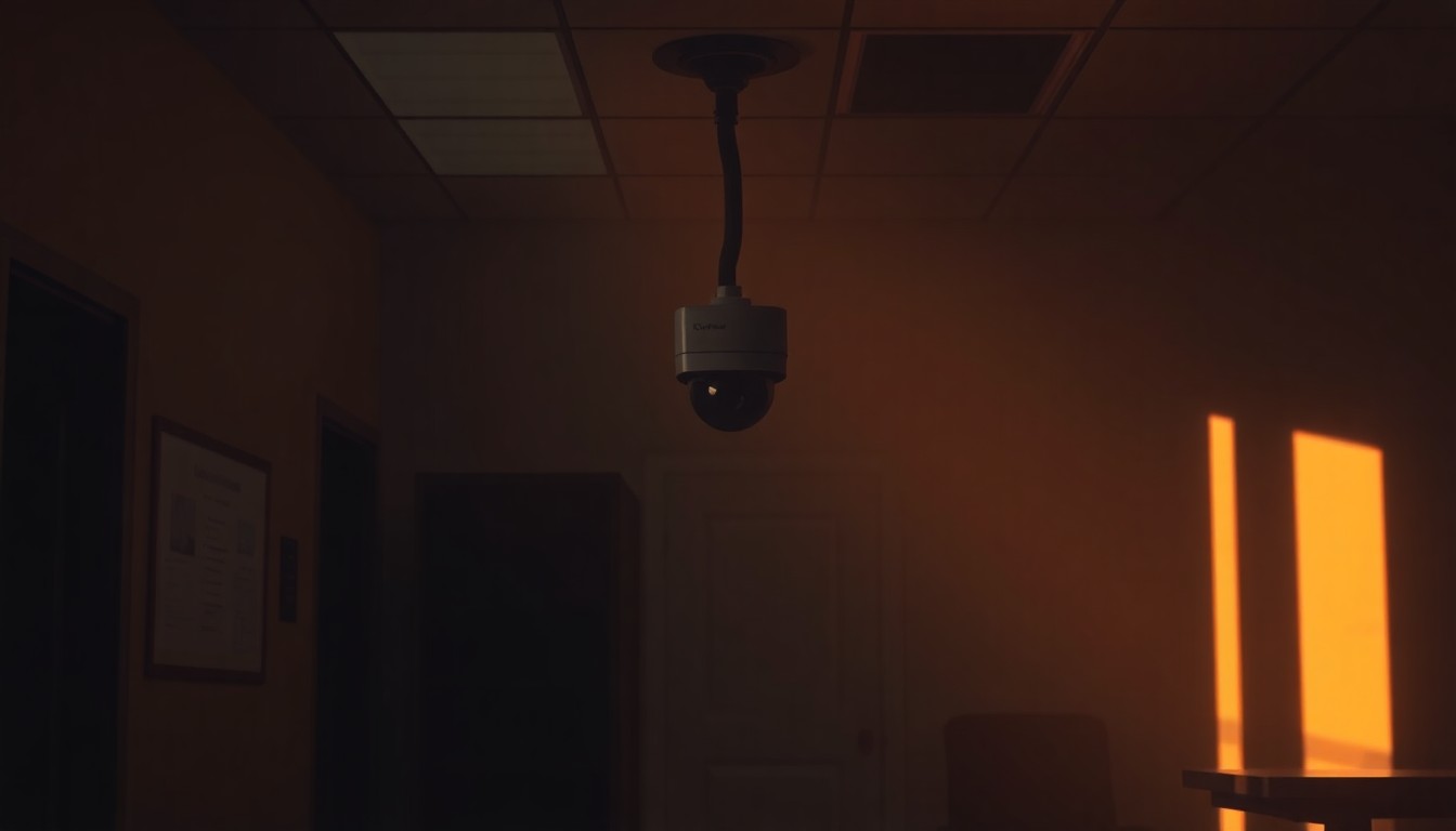 A cinematic painting of a solitary surveillance camera or data server in a dimly lit government office, with warm, diagonal sunlight and deep shadows, conceptually illustrating the complex issues surrounding the renewal of the Section 702 surveillance program.