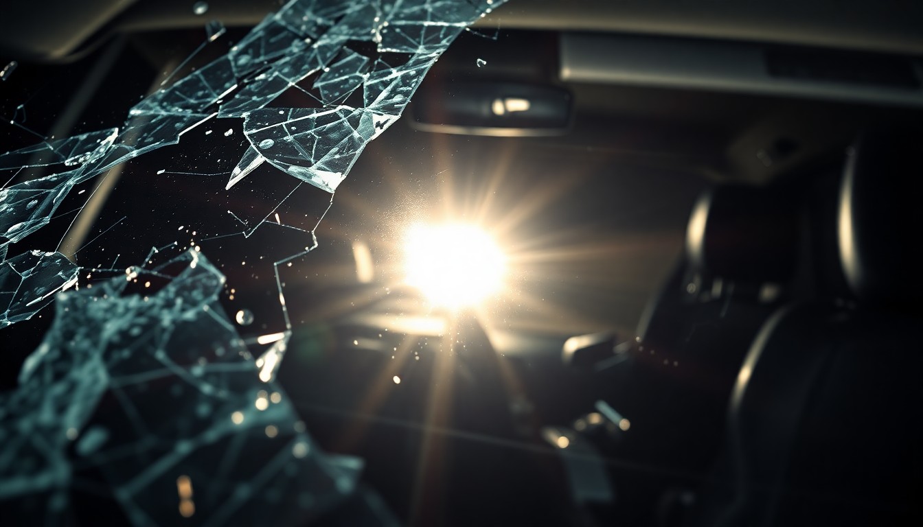 An extreme close-up of a shattered car windshield reflecting a harsh camera flash, conceptually representing the devastating impact of an impaired driving collision.