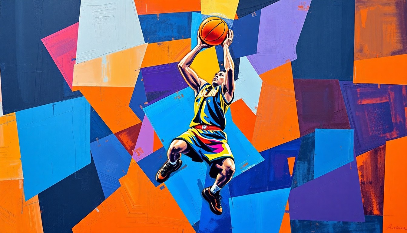 A fragmented, geometric painting depicting the shooting motion of a basketball player, with sharp planes of color and form conveying the intensity and uncertainty of a player fighting for their NBA future.